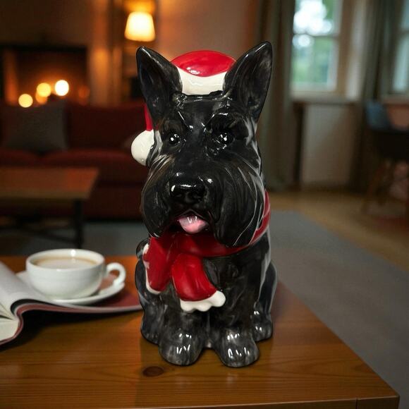Black Scottish Terrier 12" Scottie Dog Cookie Jar With Christmas Santa Hat - Picture 2 of 10